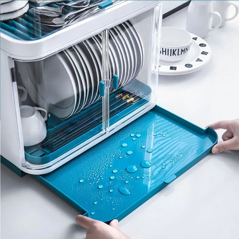 2-Layer Kitchen Cutlery Rack, Dish Drying Rack with Lid Cover Set