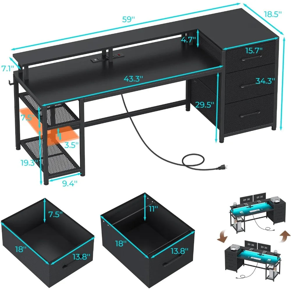 59 Inch Reversible Office Desk with Drawers and LED Lights