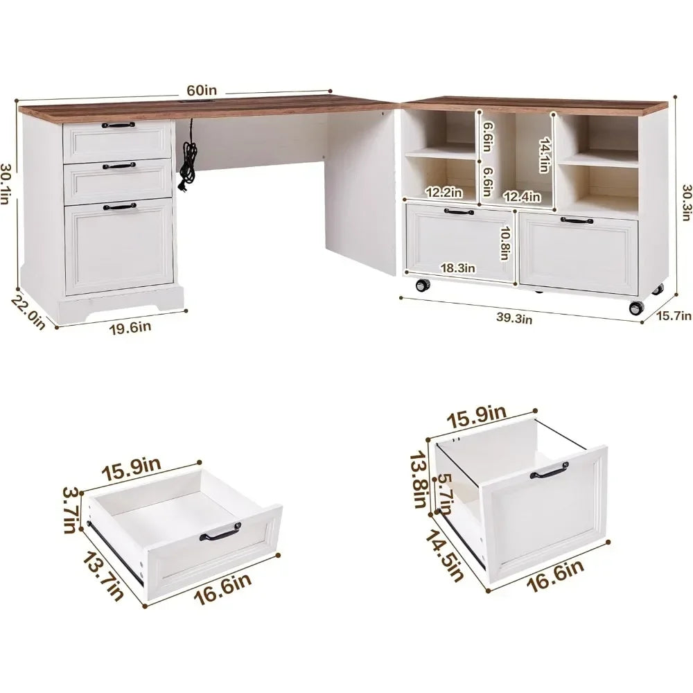 L Shaped Executive Desk With File Cabinet Charging Station