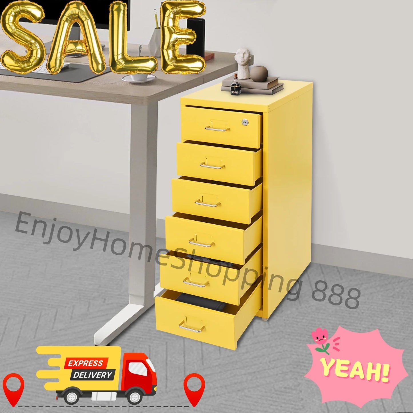 Yellow Metal File Cabinet With Wheels For Office Storage