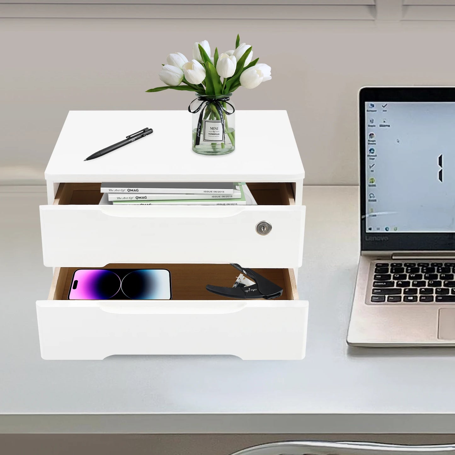Lockable Two Layer Desktop Storage Box With Drawer Organizer