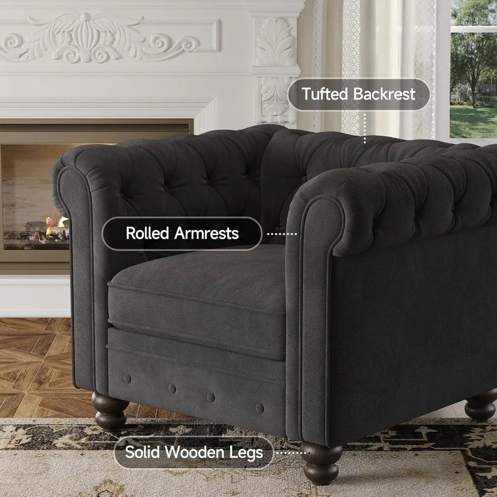 Velvet Armchair, Chesterfield Chair for Living Room, Tufted Accent Chair with Throw Pillow, Comfy Rolled Arm Club Chair, Springs