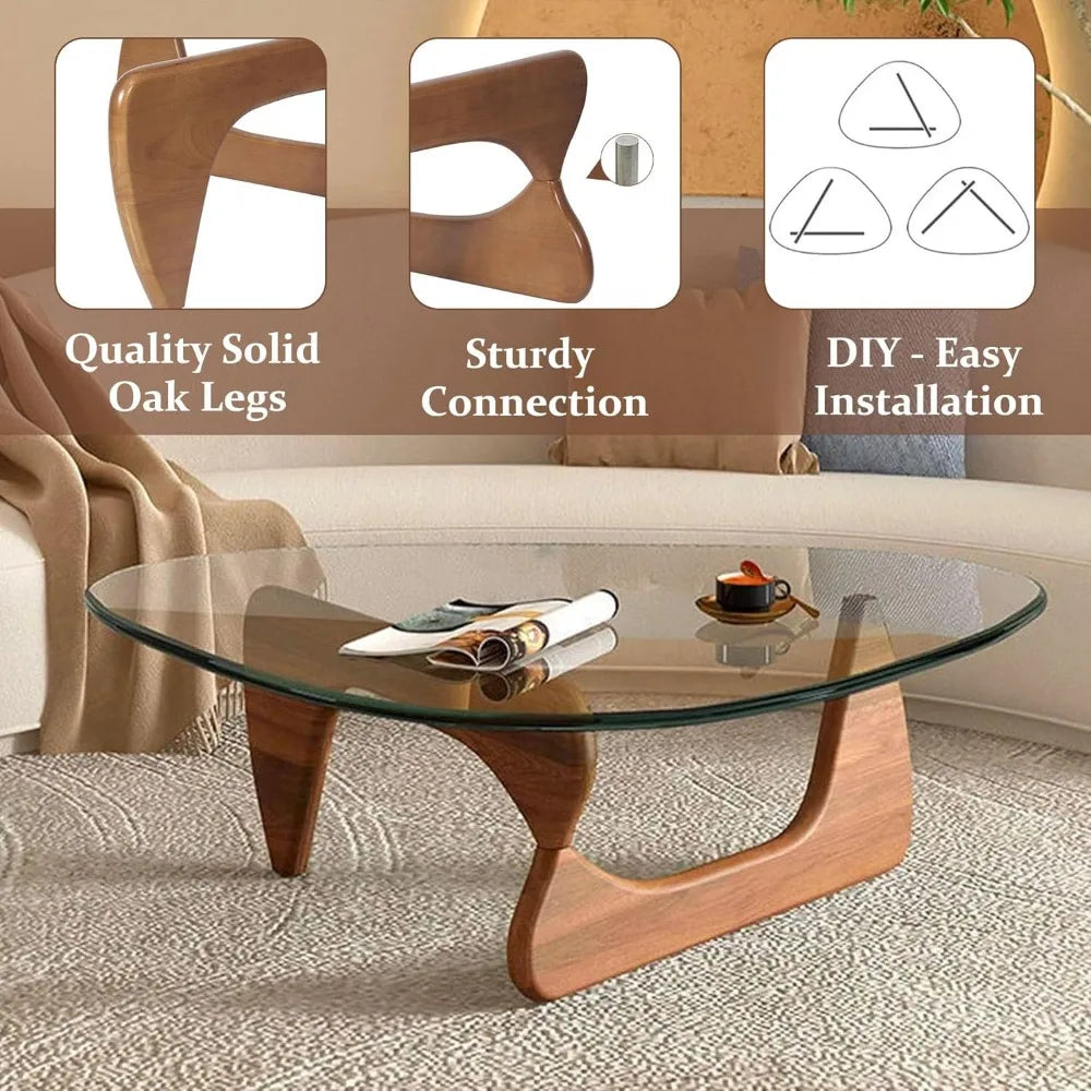 Modern Triangle Glass Coffee Table with Wooden Base for Living Room