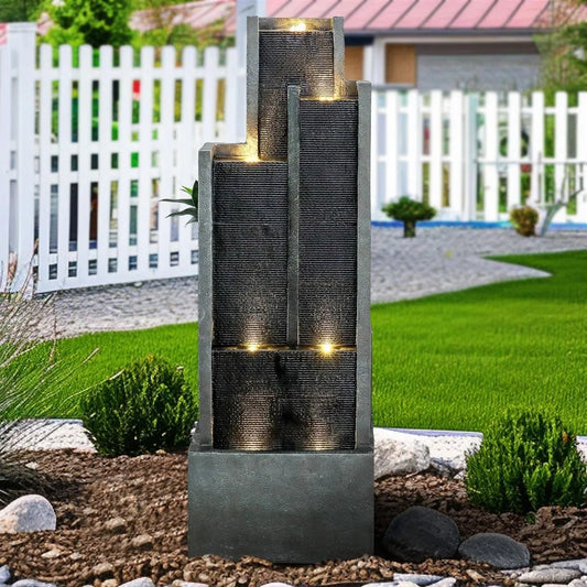 4-Tier Modern Outdoor Water Fountain with LED Lights