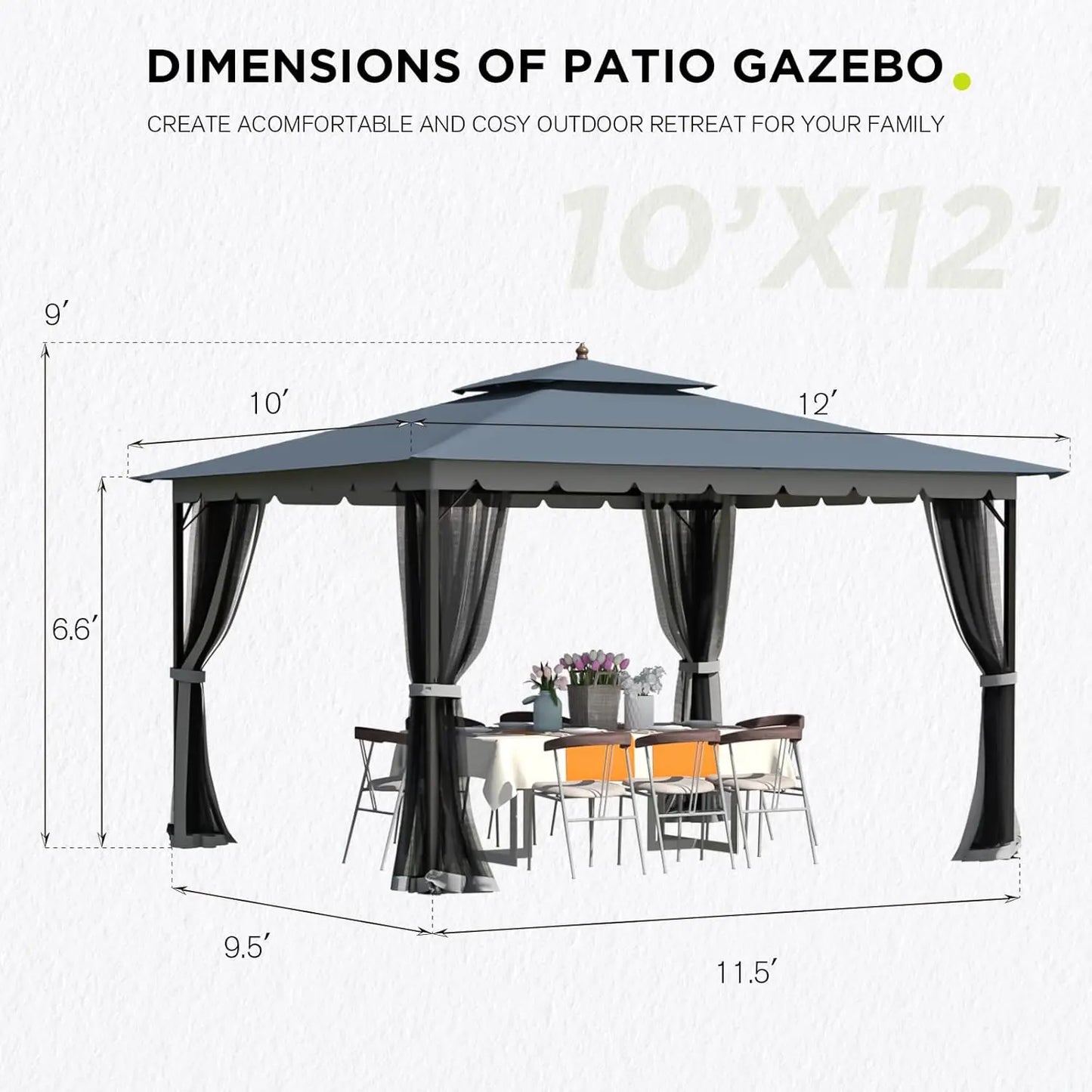 10x12 Outdoor Gazebo with Mosquito Netting and Heavy Duty Frame