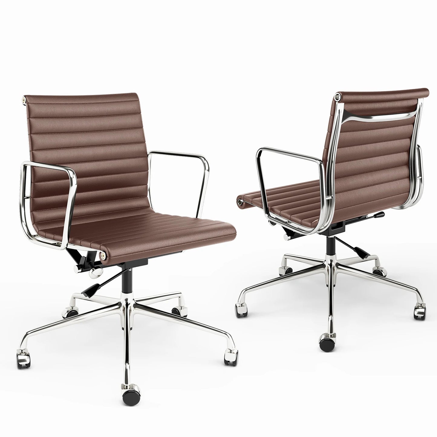Low Back Brown Leather Office Chair Aluminum Frame Swivel