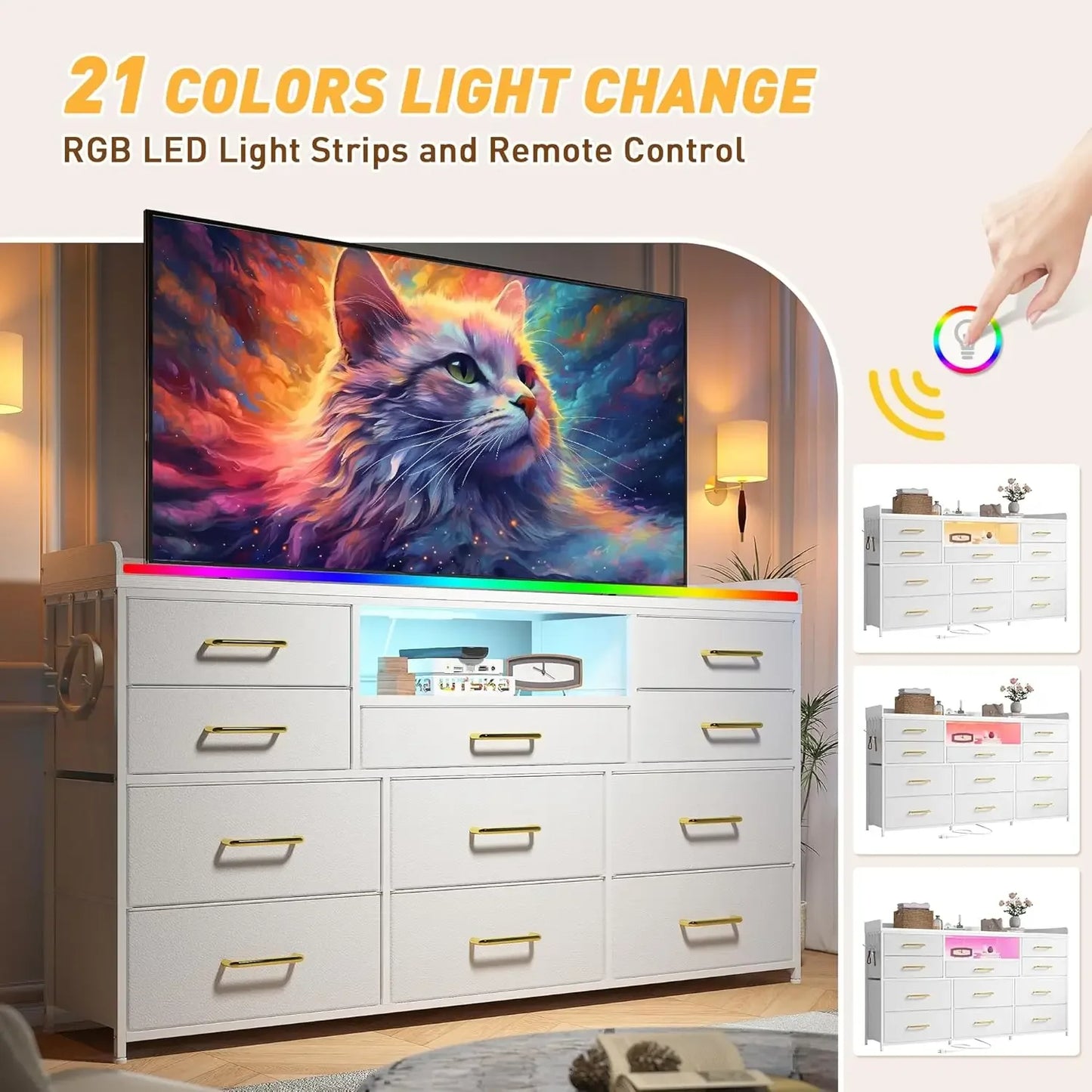Bedroom Dresser with 11 Drawers LED Lights and Charging Station