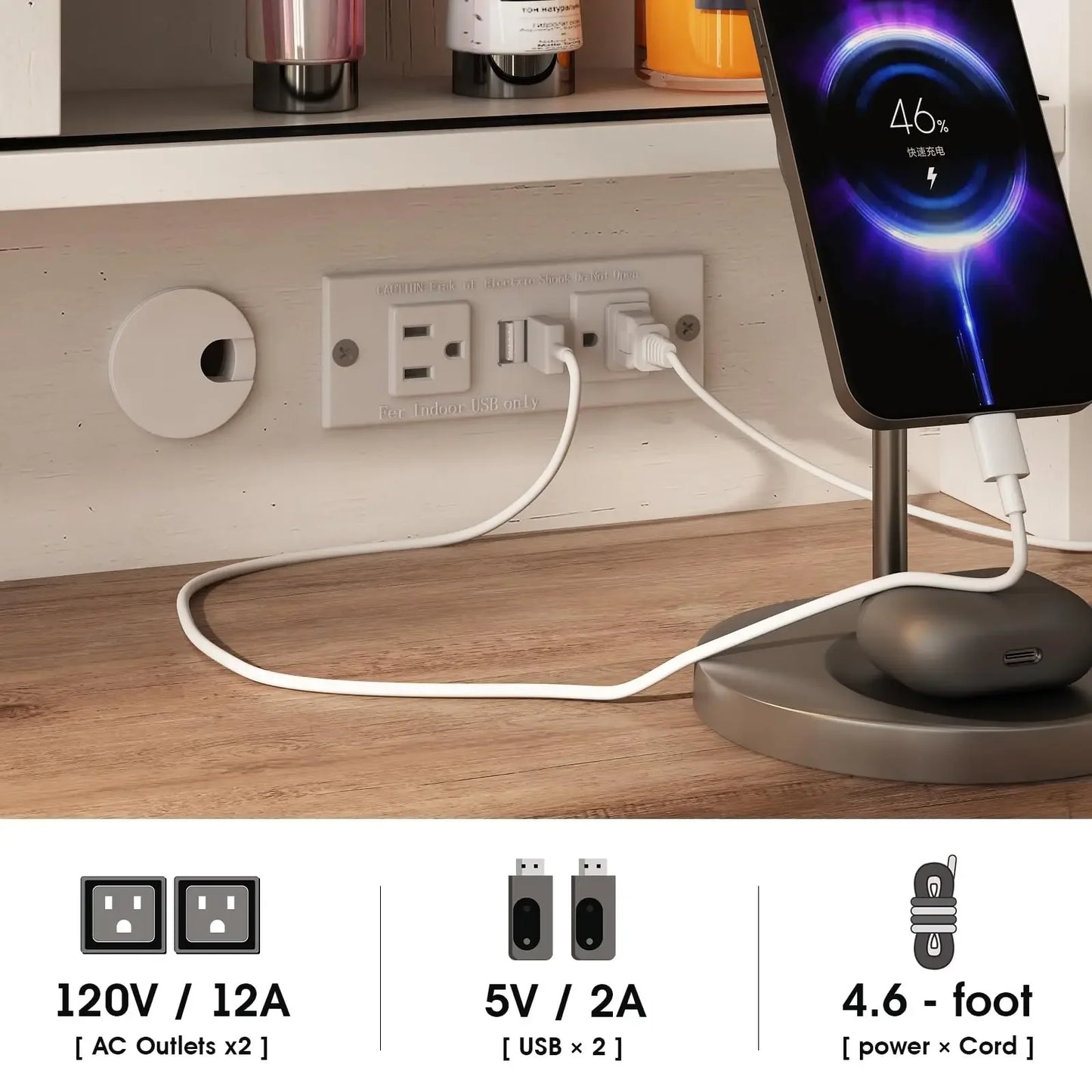 Vabches Large Vanity Desk with Lights and Charging Station