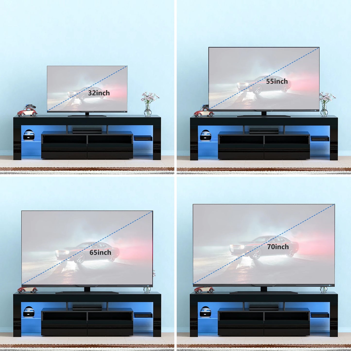 LED TV Stand for Living Room w/20 Colors Lights & Storage Shelf High Gloss TV Cabinet with Large Drawers for Gameroom/Bedroom