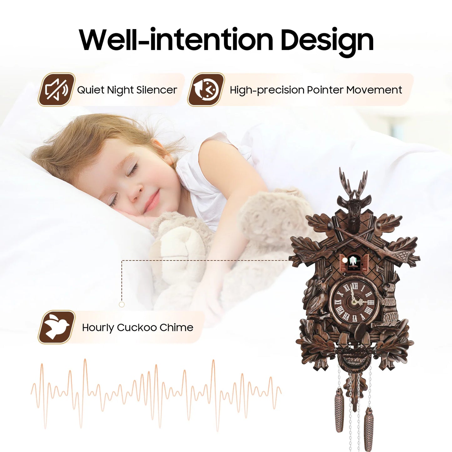 Wooden Cuckoo Clock with Pendulum Bird Automatic Chiming for Living Room Kitchen Office Wall Decor Silent Quartz Movement Home