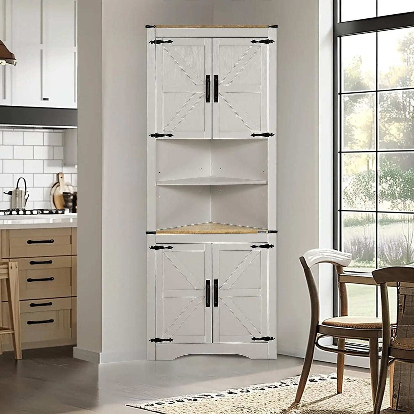 Redlife 70.5''Tall Corner Cabinet, Farmhouse Storage Cabinet with Barn Door Design & Adjustable Shelves for Bathroom Living Room
