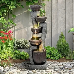 4-Tier Modern Outdoor Water Fountain with LED Lights