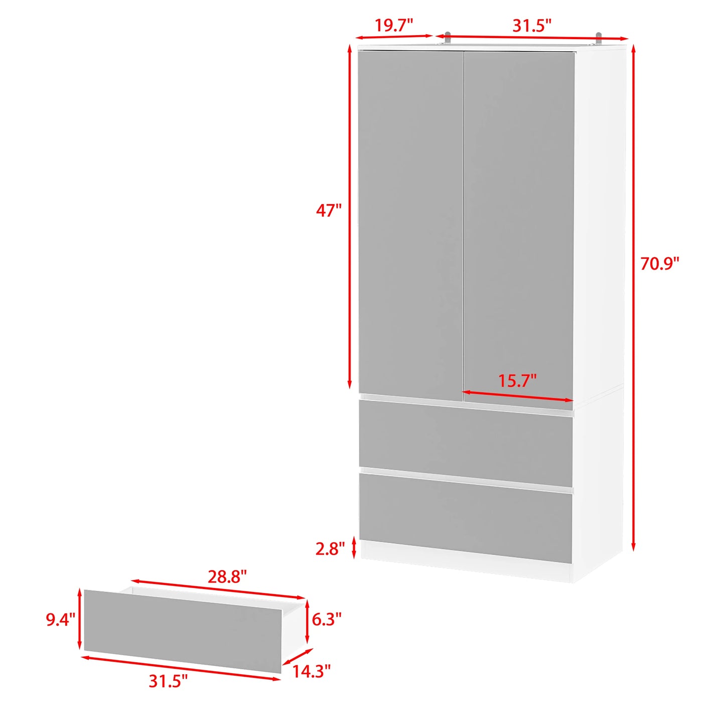 Modern Mirror Wardrobe Closet With Drawers And Hanging Rod