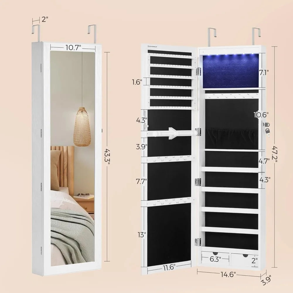 Lockable LED Jewelry Cabinet with Full-Length Mirror and Drawers