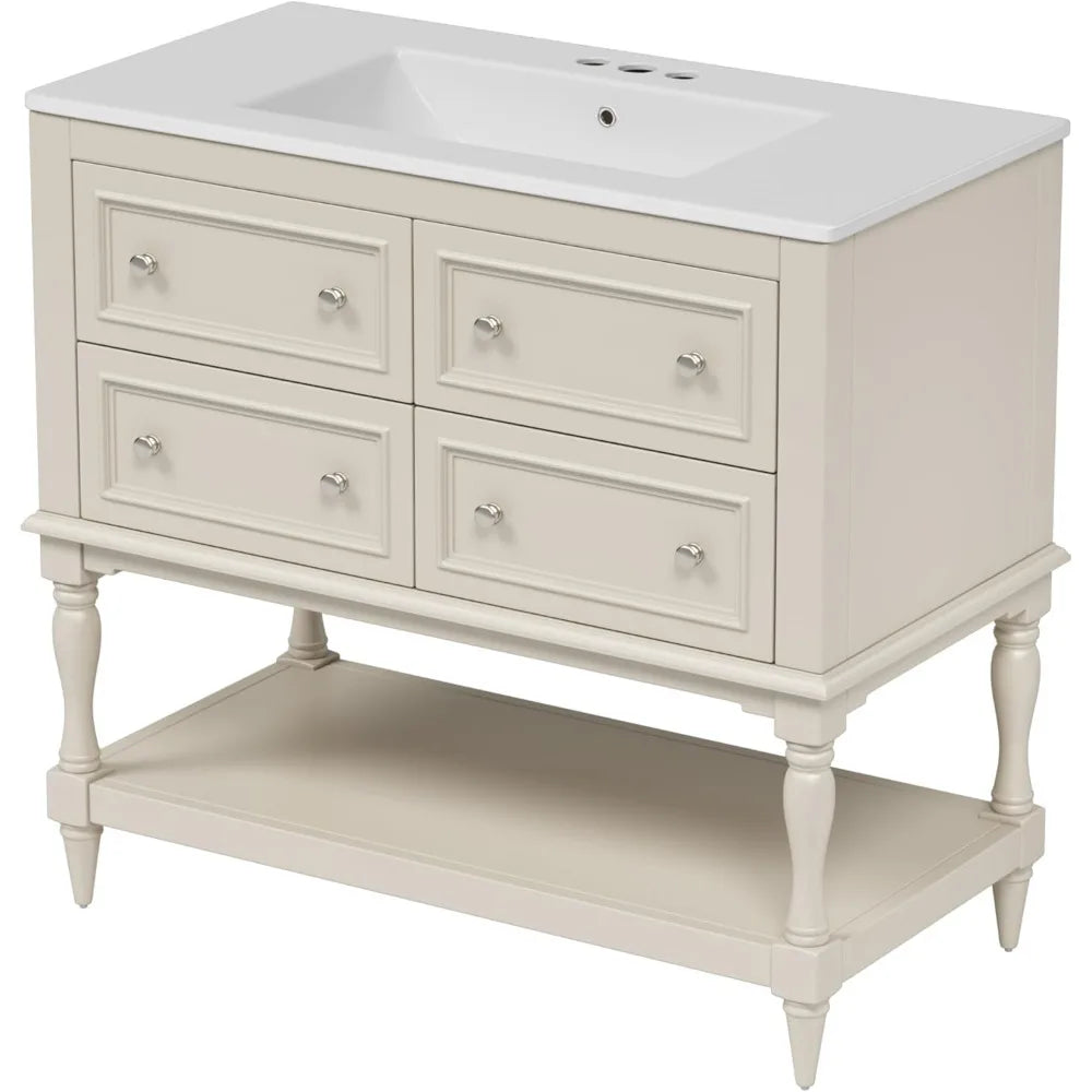 36 Inch Country Bathroom Vanity with Sink and Storage Cabinet