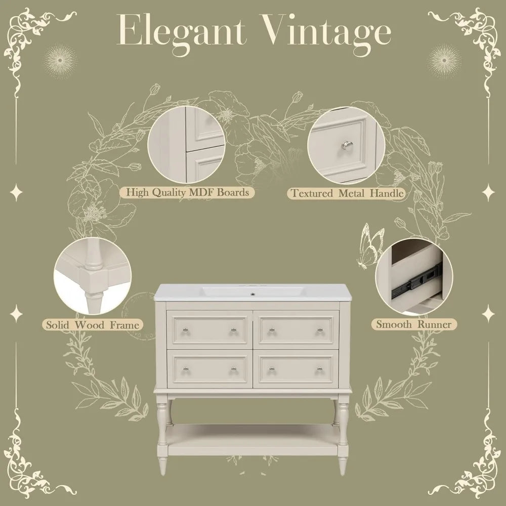 36 Inch Country Bathroom Vanity with Sink and Storage Cabinet