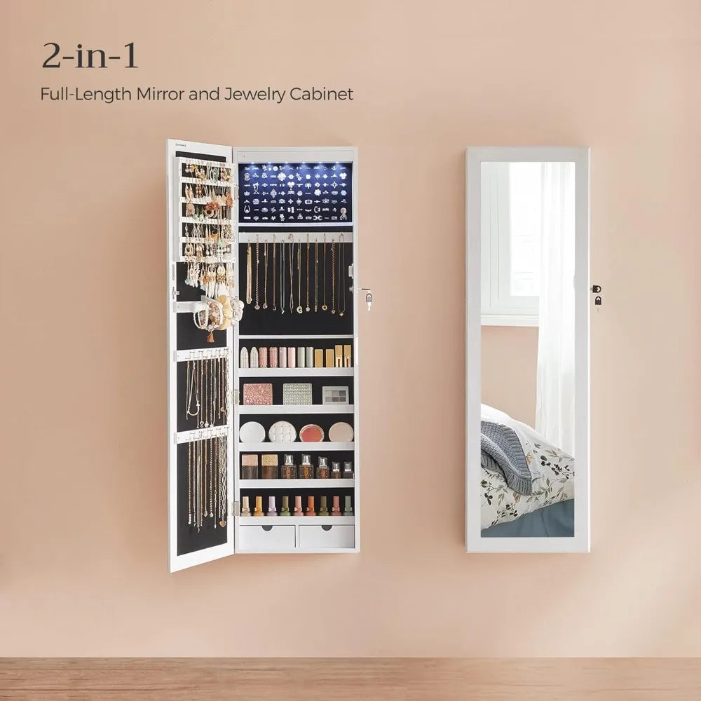 Lockable LED Jewelry Cabinet with Full-Length Mirror and Drawers