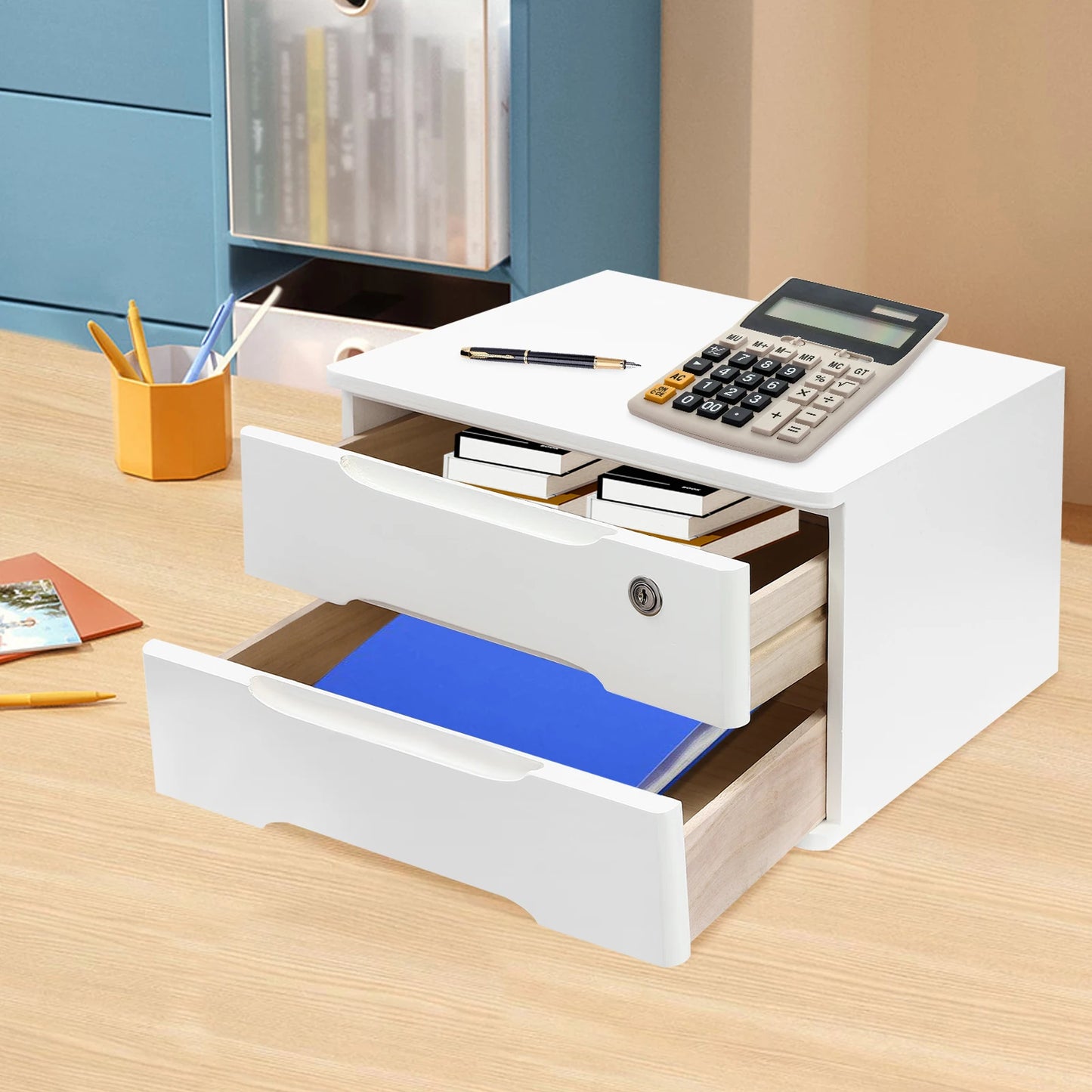 Lockable Two Layer Desktop Storage Box With Drawer Organizer