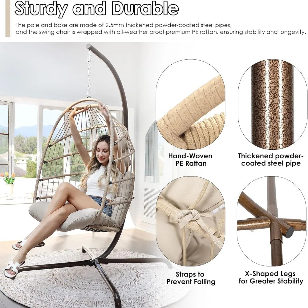 Beige Hanging Swing Chair with Stand Heavy Duty Patio Egg Chair