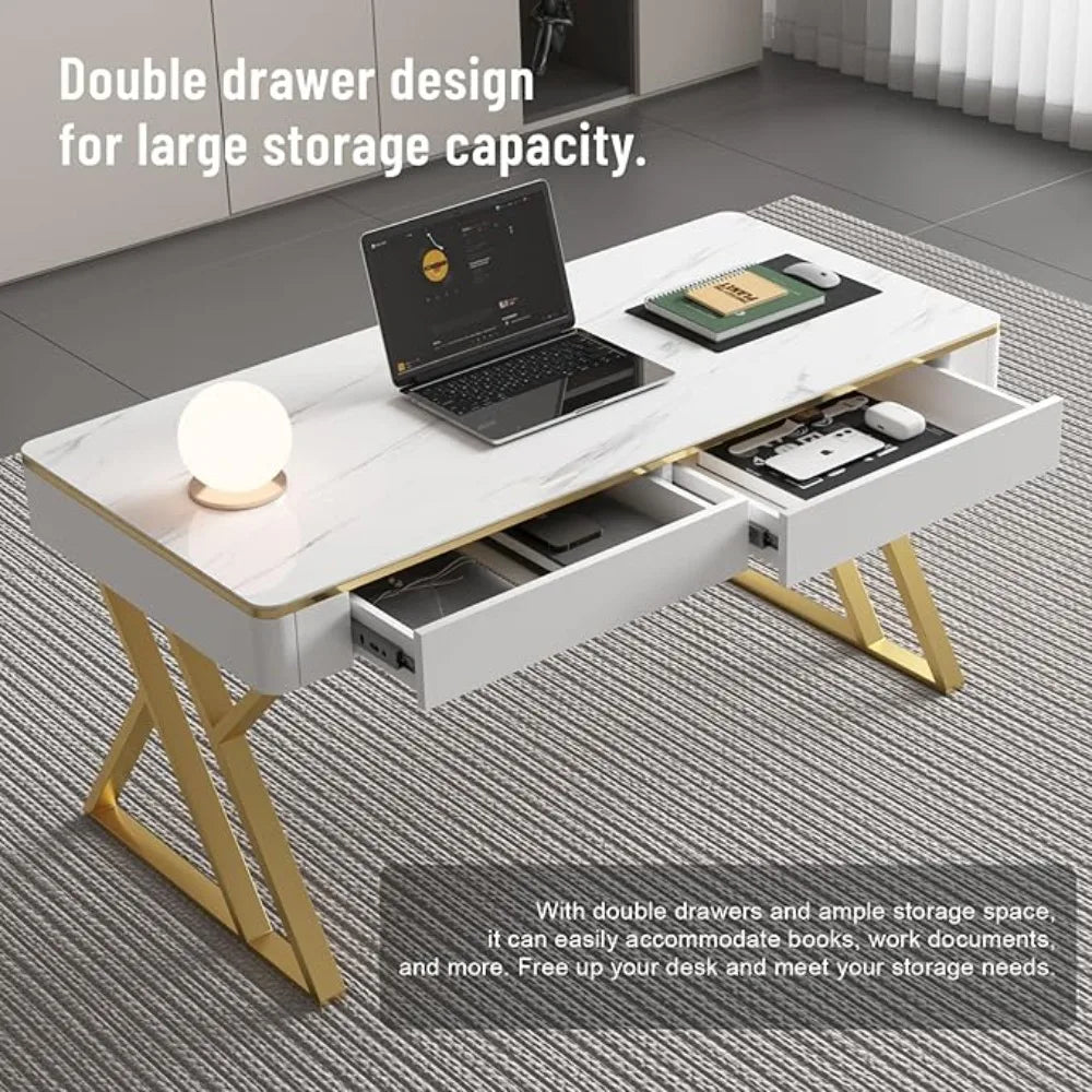 White Wooden Office Computer Desk with Tempered Glass Top and Storage Drawers