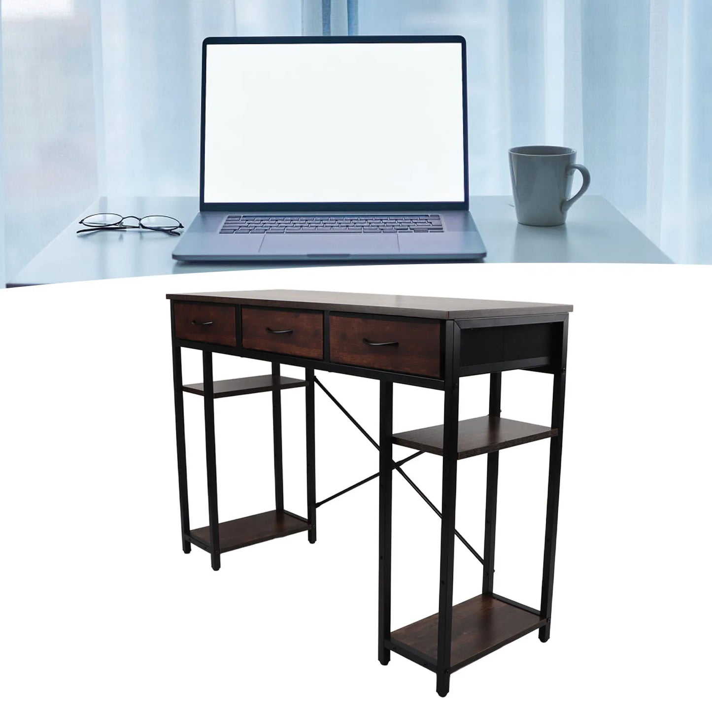 Retro Computer Desk With Drawer Sturdy Metal Frame