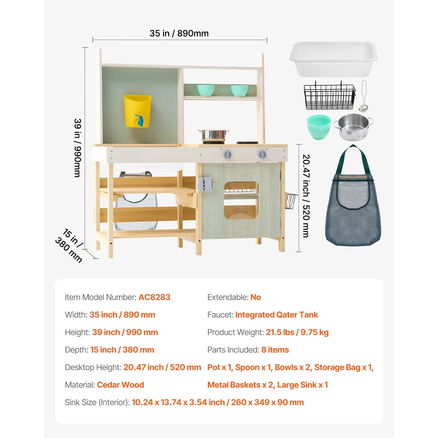 VEVOR Children Wooden Mud Kitchen Toy Toddler Outdoor Play Kitchen Set with Stoves Faucet & Cookware Pots for Kids Girls Gifts