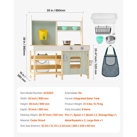 VEVOR Children Wooden Mud Kitchen Toy Toddler Outdoor Play Kitchen Set with Stoves Faucet & Cookware Pots for Kids Girls Gifts