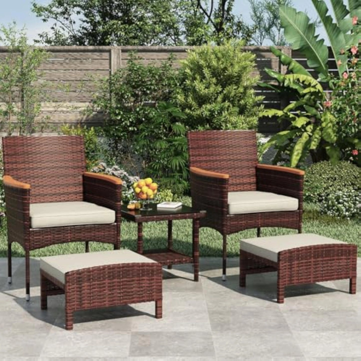 5 Piece Outdoor Wicker Patio Furniture Set with Cushions