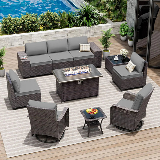 10 Piece Patio Furniture Set With Fire Pit And Chairs