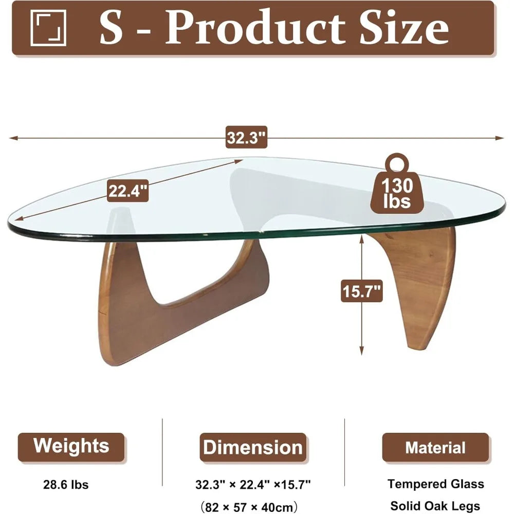 Modern Triangle Glass Coffee Table with Wooden Base for Living Room