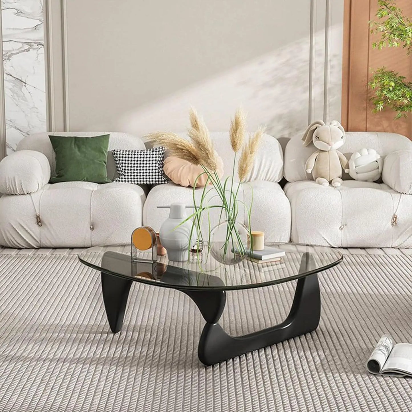 Modern Triangle Glass Coffee Table with Wooden Base for Living Room