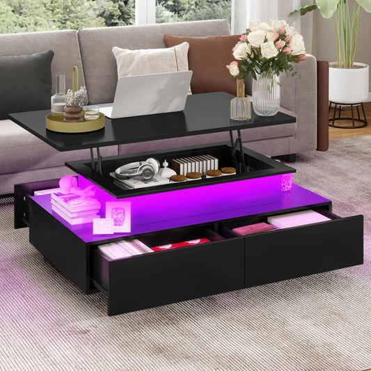 LED Lift Top Coffee Table with Storage Drawers Modern Design