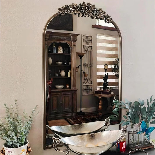 Antique Wall Mirror Baroque Arched Brass Frame Flower