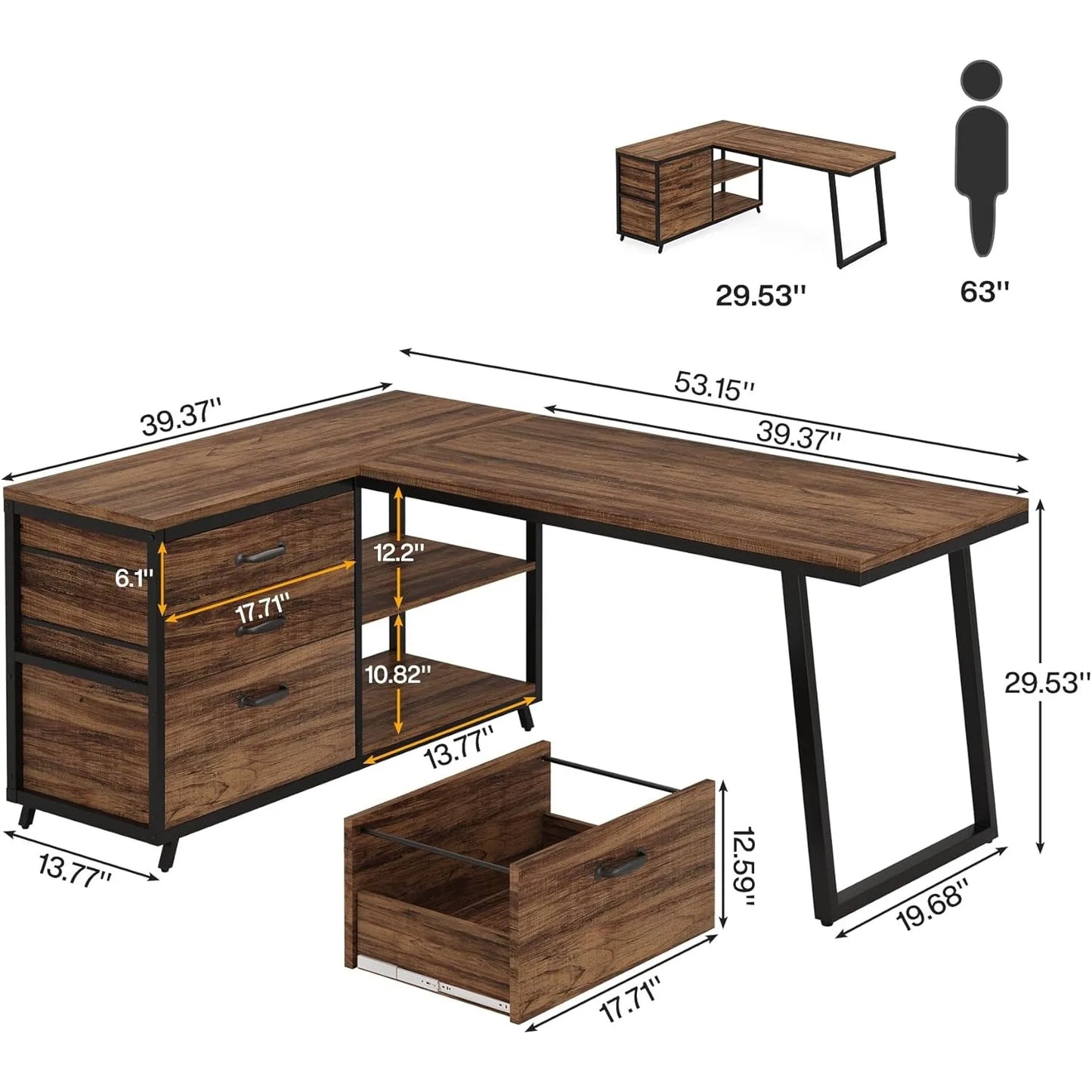 L Shaped Computer Desk For Small Space With Three Drawers