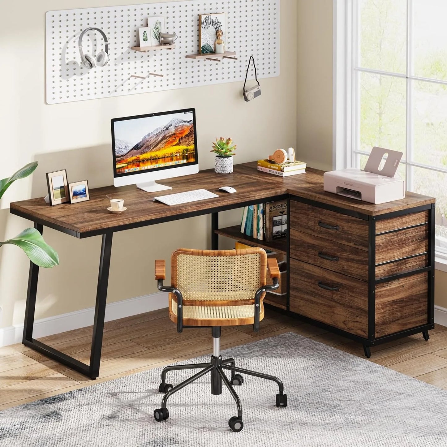 Rustic Brown L Shaped Computer Desk With 3 Drawers