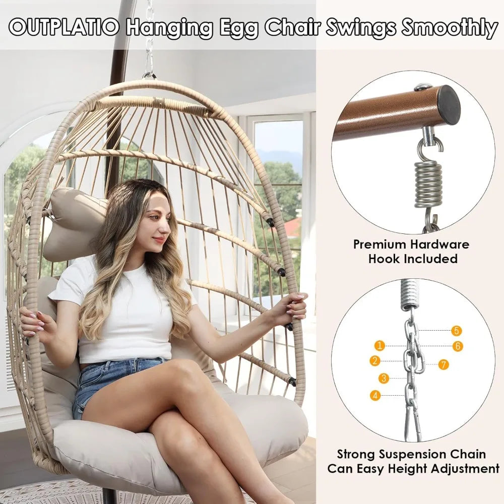 Beige Hanging Swing Chair with Stand Heavy Duty Patio Egg Chair