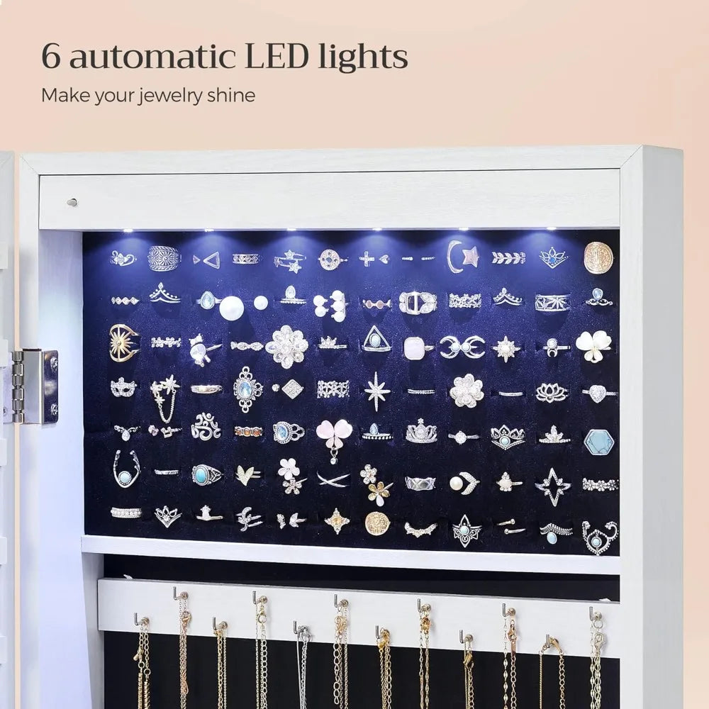 Lockable LED Jewelry Cabinet with Full-Length Mirror and Drawers