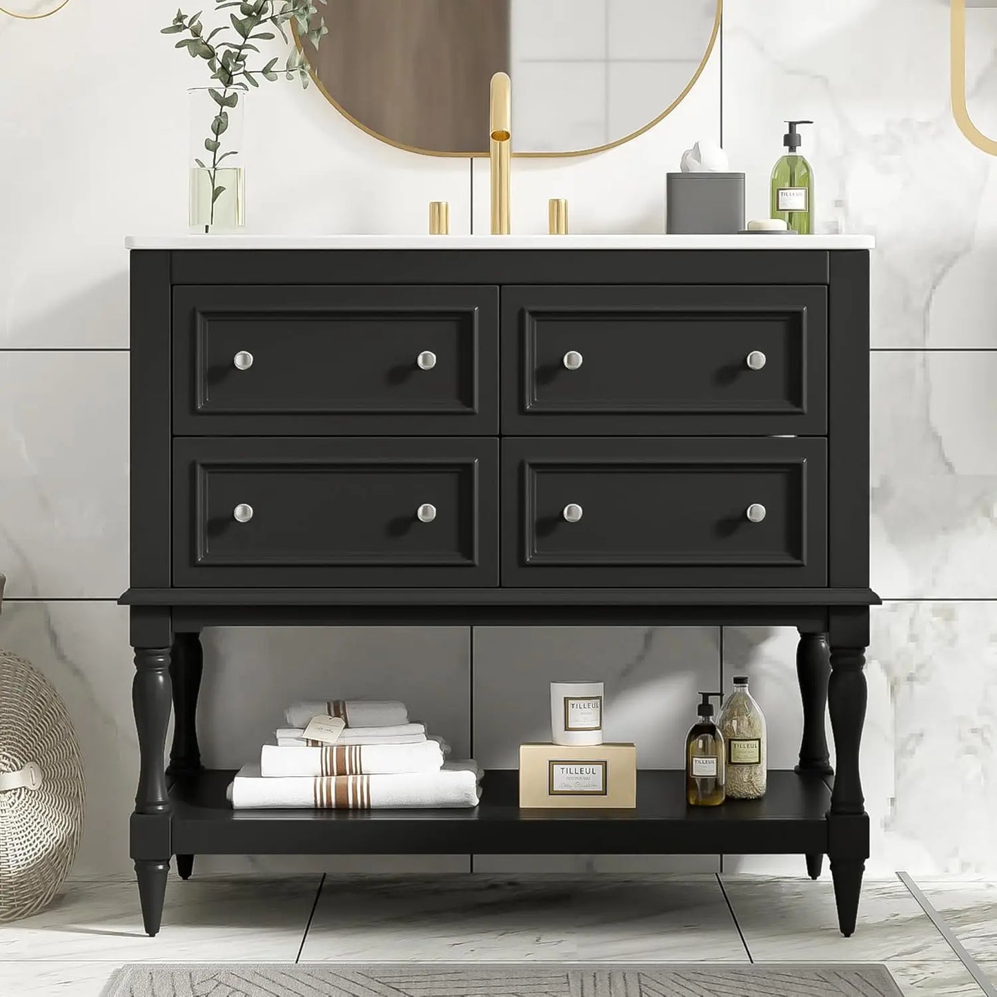 36 Inch Country Bathroom Vanity with Sink and Storage Cabinet