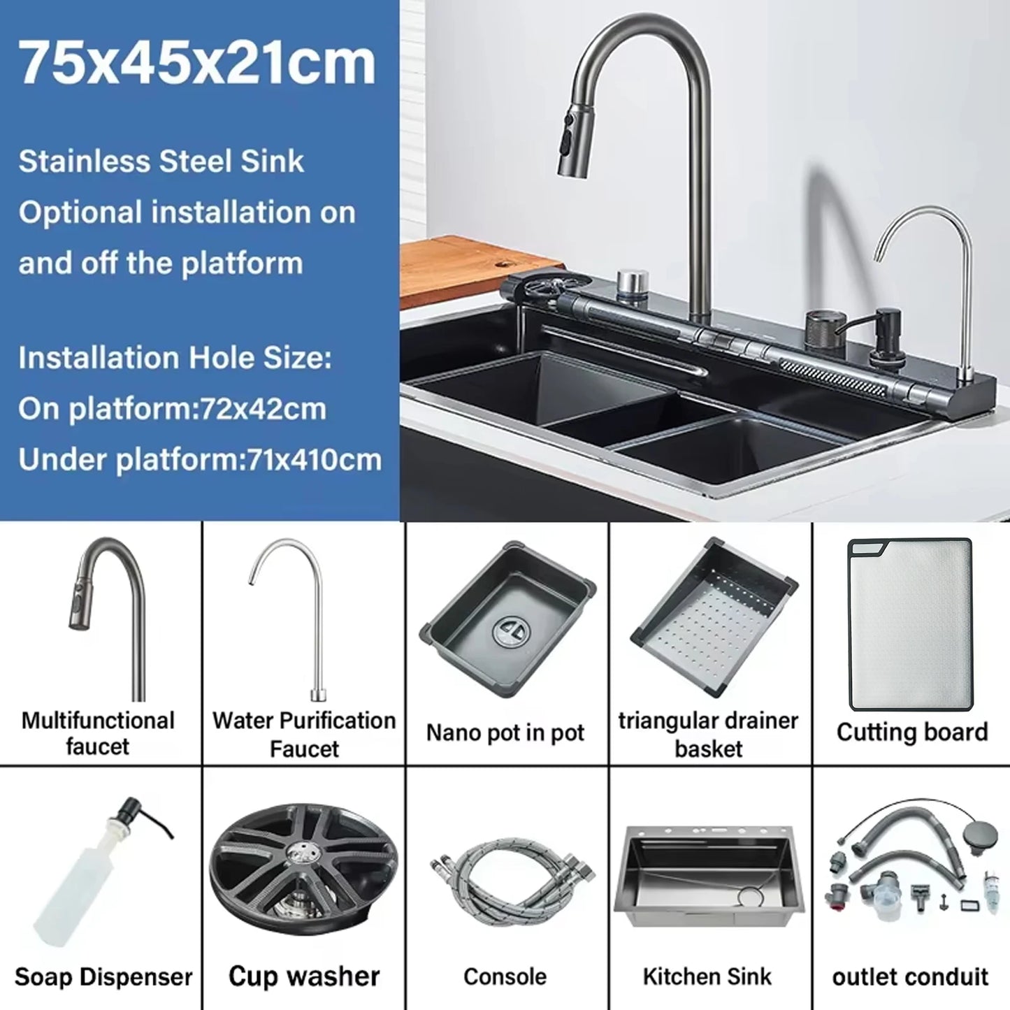Stainless Steel Kitchen Faucet Set With Rainfall Spout Brushed Finish