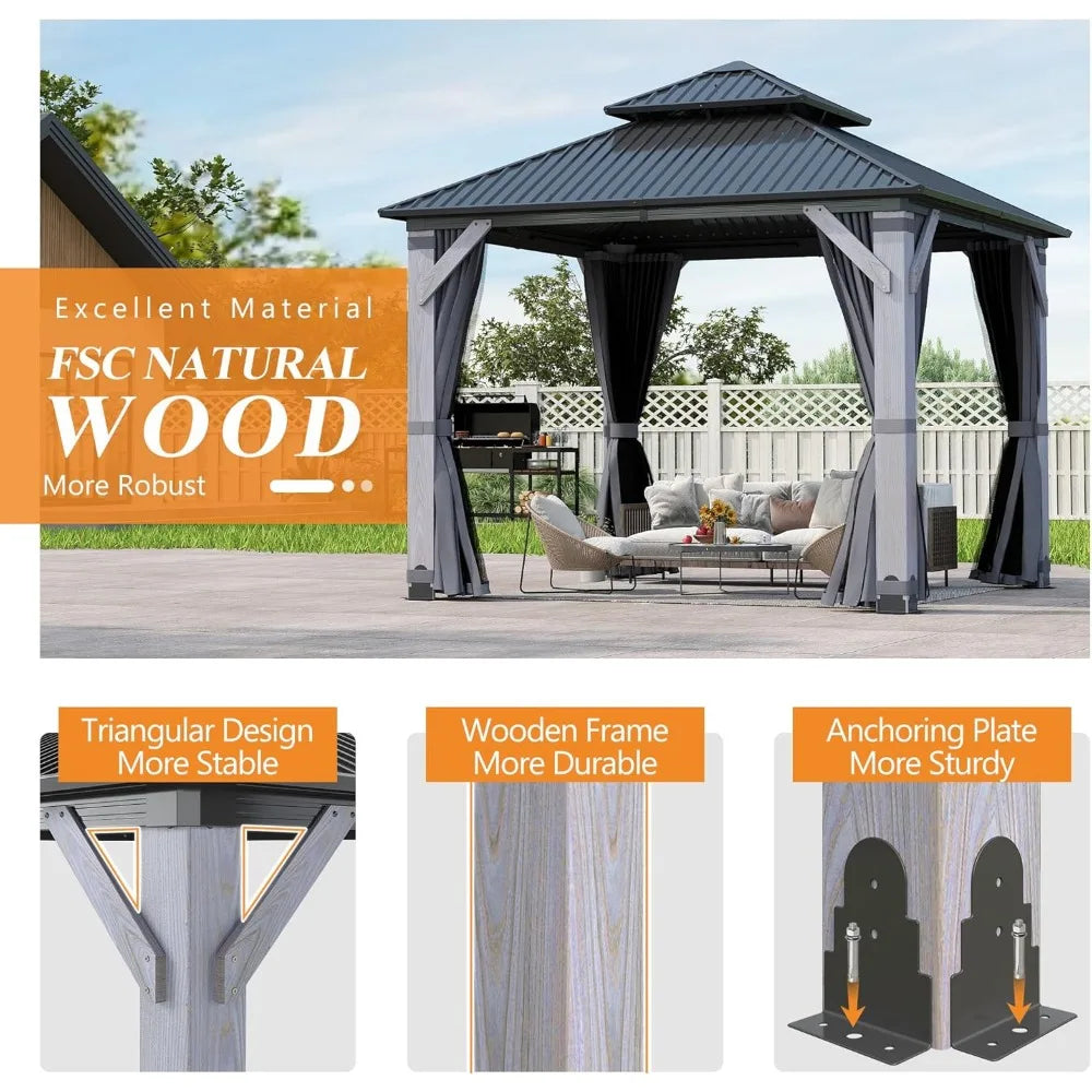 10X10 Outdoor Wood Gazebo With Hardtop And Curtains