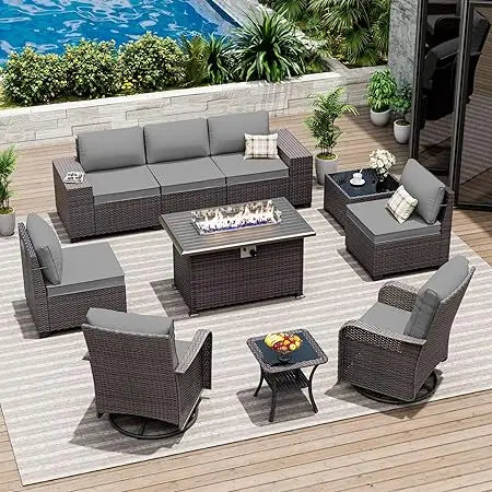 10 Piece Patio Furniture Set With Fire Pit And Chairs