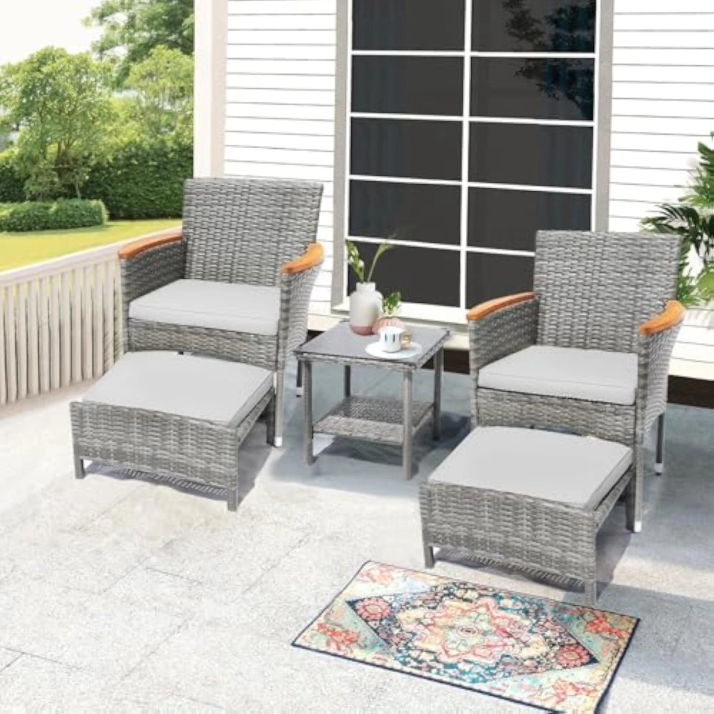 5 Piece Outdoor Wicker Patio Furniture Set with Cushions