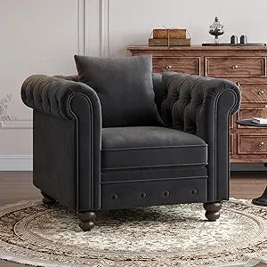 Velvet Armchair, Chesterfield Chair for Living Room, Tufted Accent Chair with Throw Pillow, Comfy Rolled Arm Club Chair, Springs