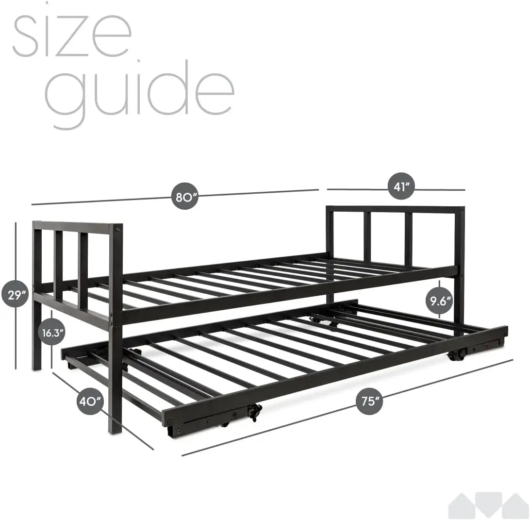 Twin Daybed with Fold Up Trundle Durable Black Frame Set