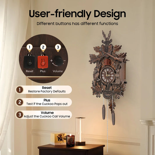 Wooden Cuckoo Clock with Pendulum Bird Automatic Chiming for Living Room Kitchen Office Wall Decor Silent Quartz Movement Home