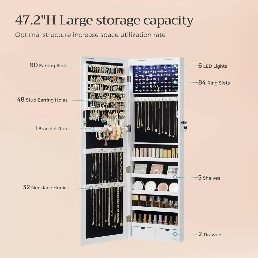 Lockable LED Jewelry Cabinet with Full-Length Mirror and Drawers