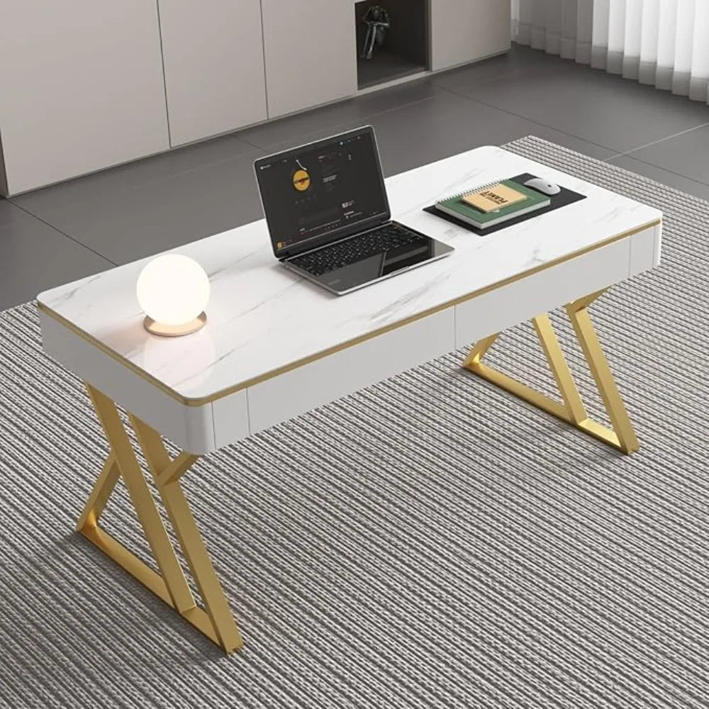 White Wooden Office Computer Desk with Tempered Glass Top and Storage Drawers