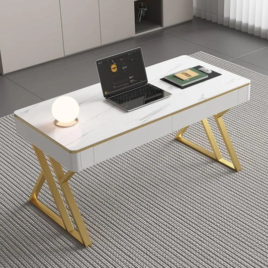 White Wooden Office Computer Desk with Tempered Glass Top and Storage Drawers