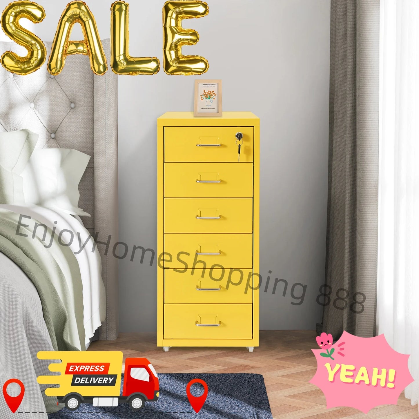 Yellow Metal File Cabinet With Wheels For Office Storage
