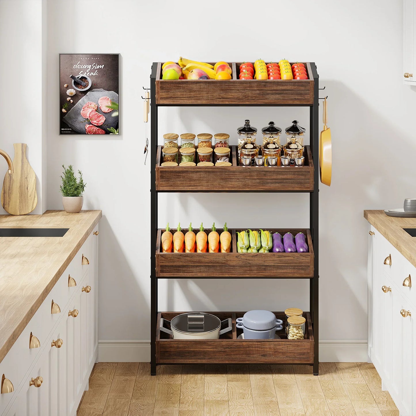 Tribesigns 4-Tier Wood Utility Storage Shelves, Fruit and Vegetable Basket Stand for Kitchen, Office, Store, Supremarket